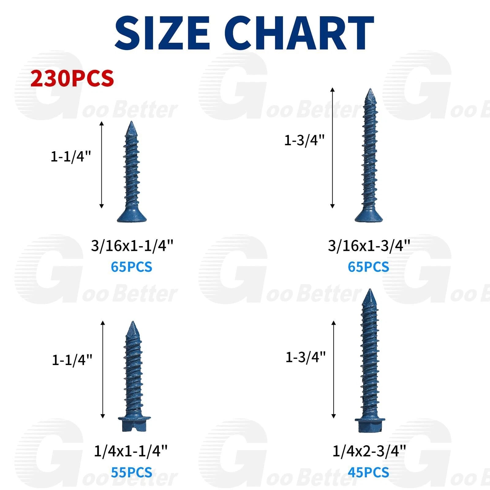 230Pcs Hex Washer Head 1/4" 3/16" Concrete Masonry Screws Set Tapcon Anchor Bit