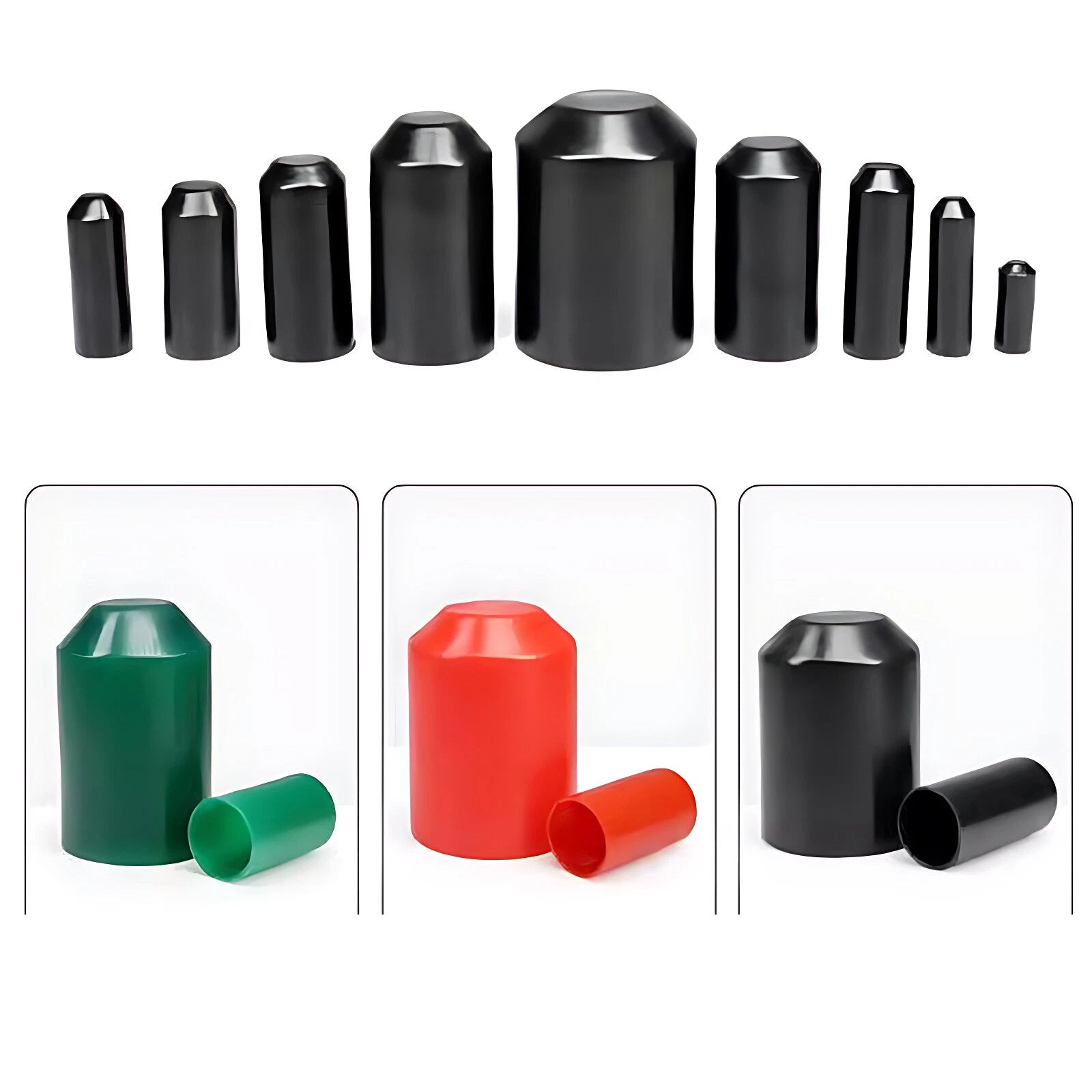 2:1 Adhesive Glue Lined Heat Shrink End Caps — Waterproof Seal, 8–130mm, Black/Red/Green