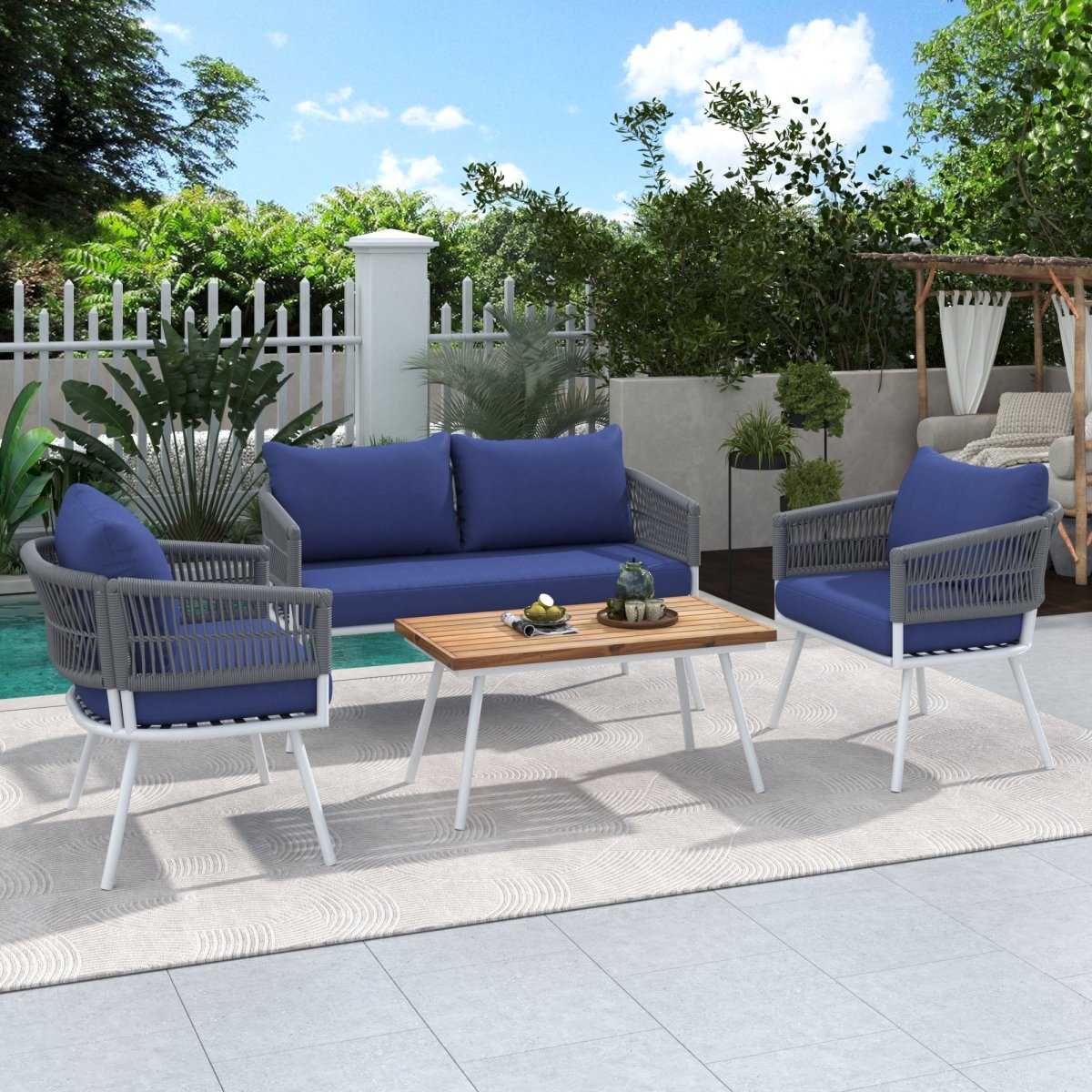 4 - Piece Boho Rope Patio Furniture Set, Outdoor Furniture with Acacia Wood Table, Patio Conversation Set with Deep Seating & Thick Cushion for Backyard Porch Balcony, Navy Blue - HomeDIYer