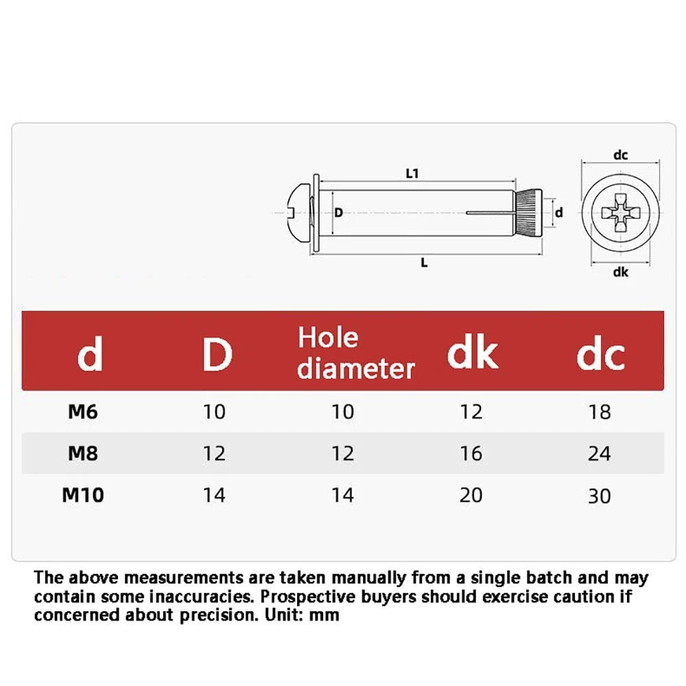 M6 M8 M10 Stainless Steel Expansion Screws — Round Head Phillips Drive, 40–100mm