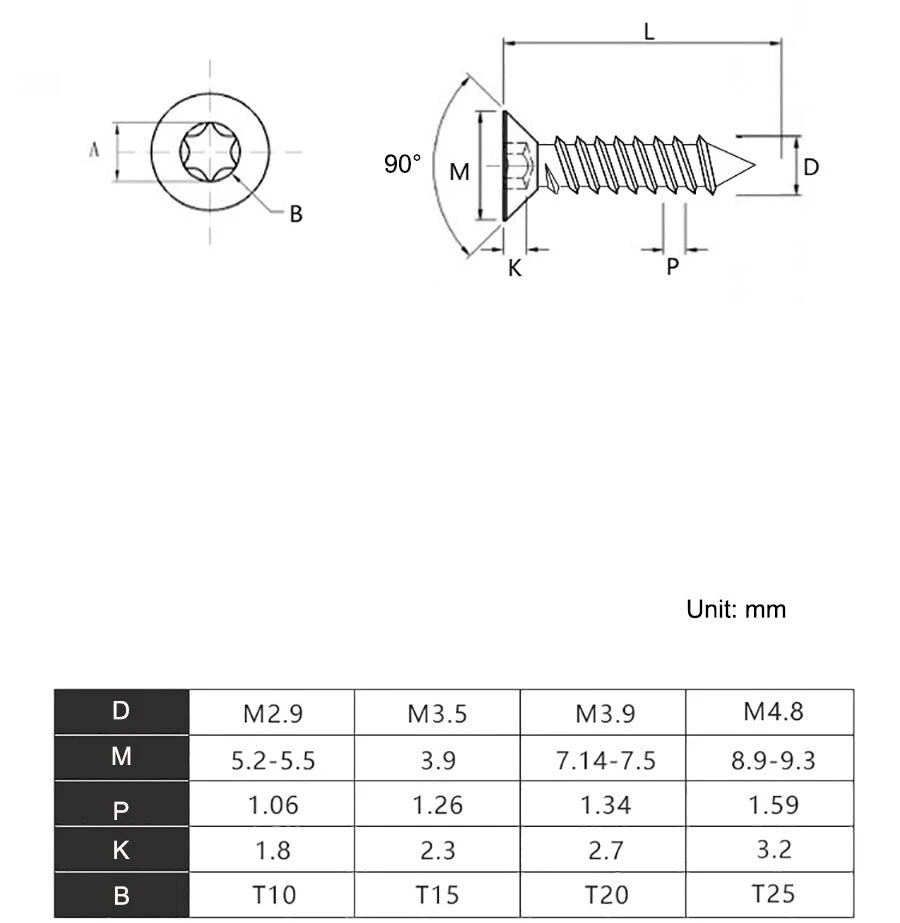M2.9 M3.5 M3.9 M4.8 Countersunk Torx Anti‑Theft Self‑Tapping Screws – A2 304 Stainless Steel