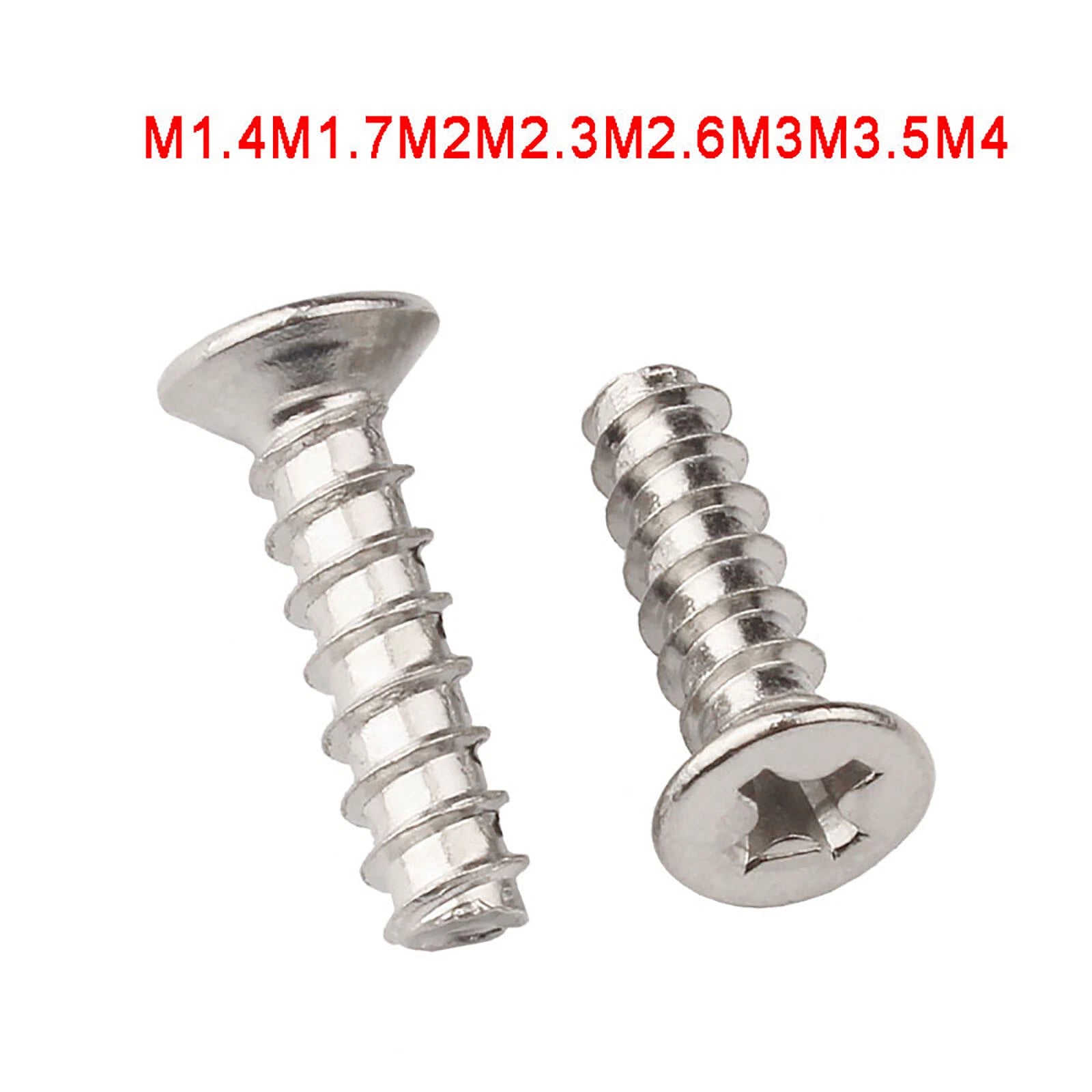 M1 M1.2 M1.4 M1.7 M2 M2.3 M2.6 M3 M3.5 M4 Flat Head Self Tapping Screws Flat Tail – Nickel Plated Steel