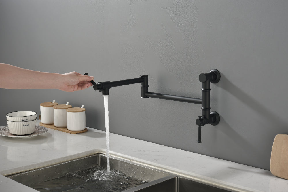 Wall Mounted Pot Filler Faucet – Matte Black, Two-Attachment Folding Swing Arm, Dual Handle, Solid Brass