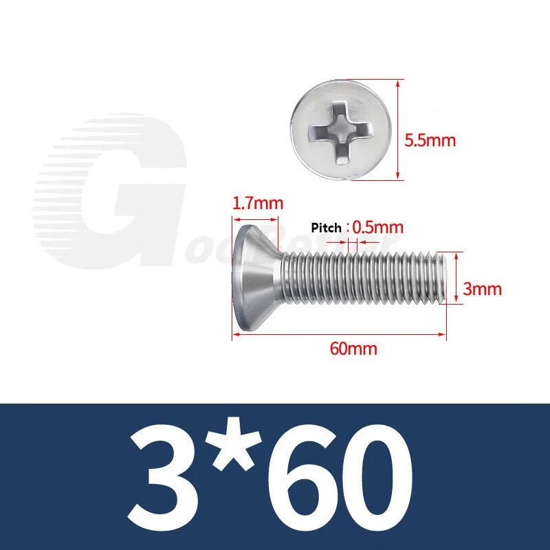 M1–M3.5 Phillips Countersunk Machine Screws – 304 Stainless Steel, Fully Threaded (3–120mm Overall Length) - HomeDIYer