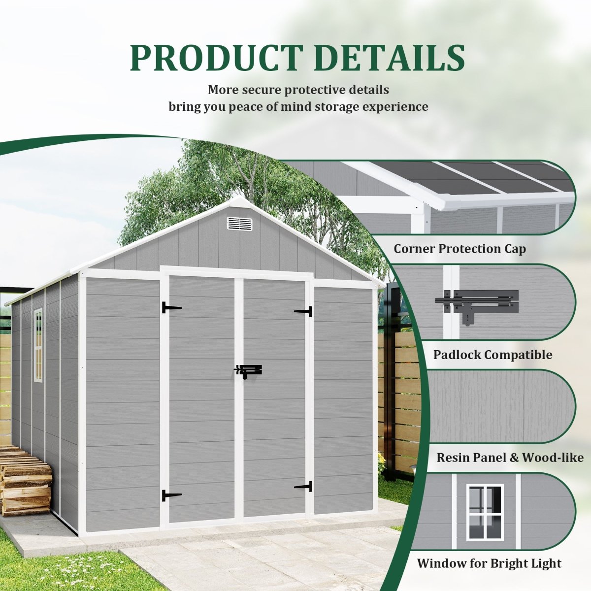 8*10 ft Resin Storage Shed, High Quality Pp Material, Strong Structure, Waterproof, Rust And Uv Proof, Large Storage Space, 12mm Thick Pp Board, Hd Window Lighting - HomeDIYer