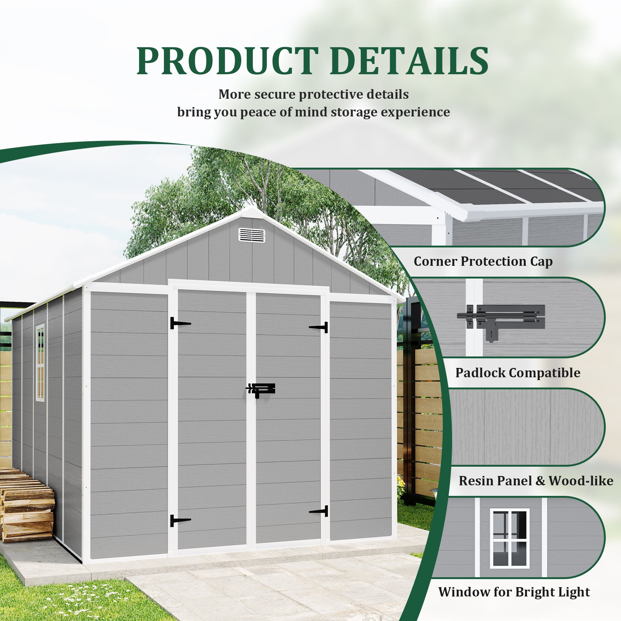 8*10 ft Resin Storage Shed, High Quality Pp Material, Strong Structure, Waterproof, Rust And Uv Proof, Large Storage Space, 12mm Thick Pp Board, Hd Window Lighting