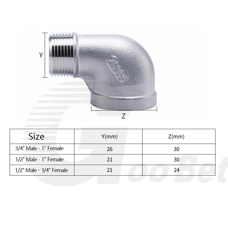 Stainless Steel Reducing 90° Elbow — BSP Male to Female Thread Pipe Fitting
