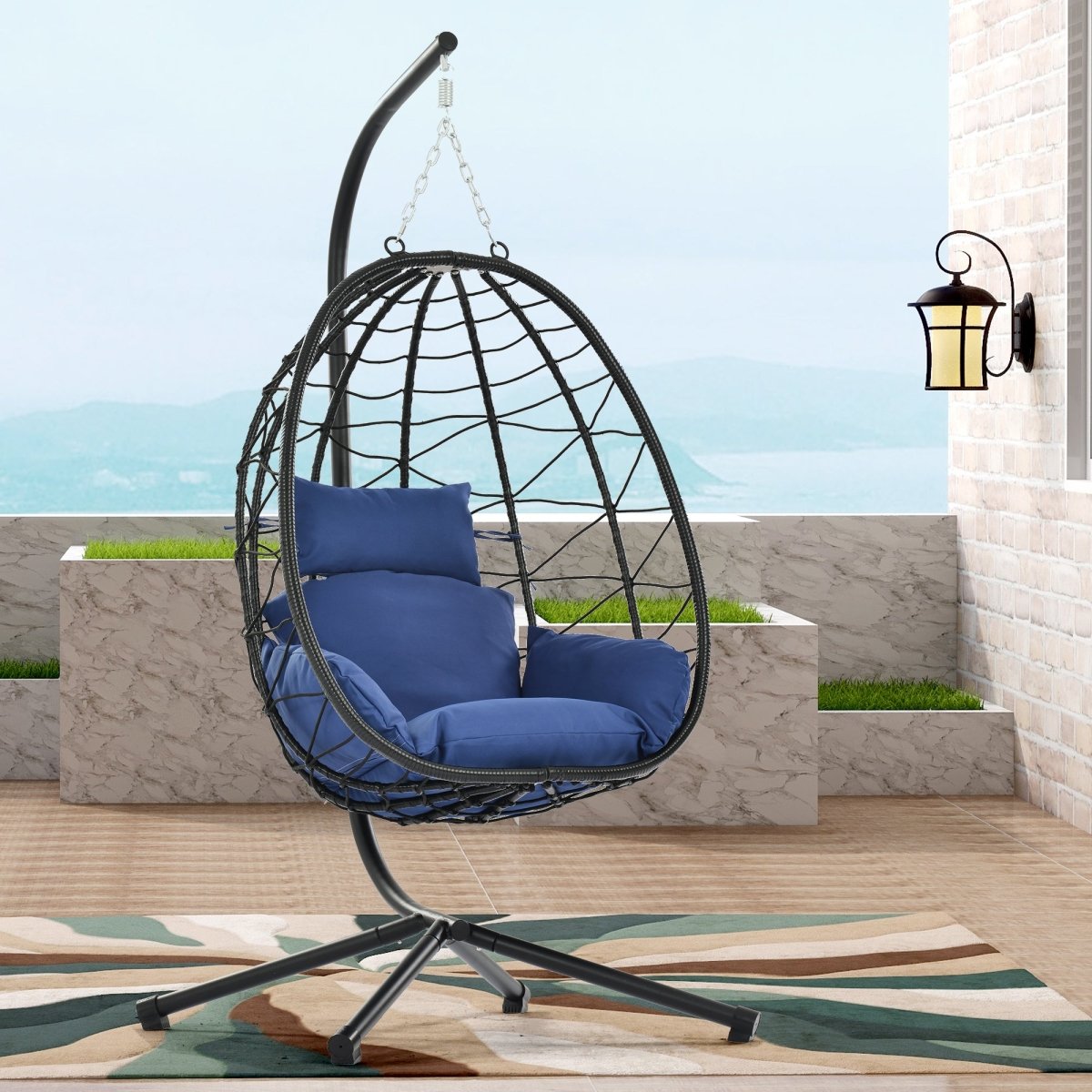 Egg Chair with Stand Indoor Outdoor Swing Chair Patio Wicker Hanging Egg Chair Hanging Basket Chair Hammock Chair with Stand for Bedroom Living Room Balcony Navy Blue - HomeDIYer