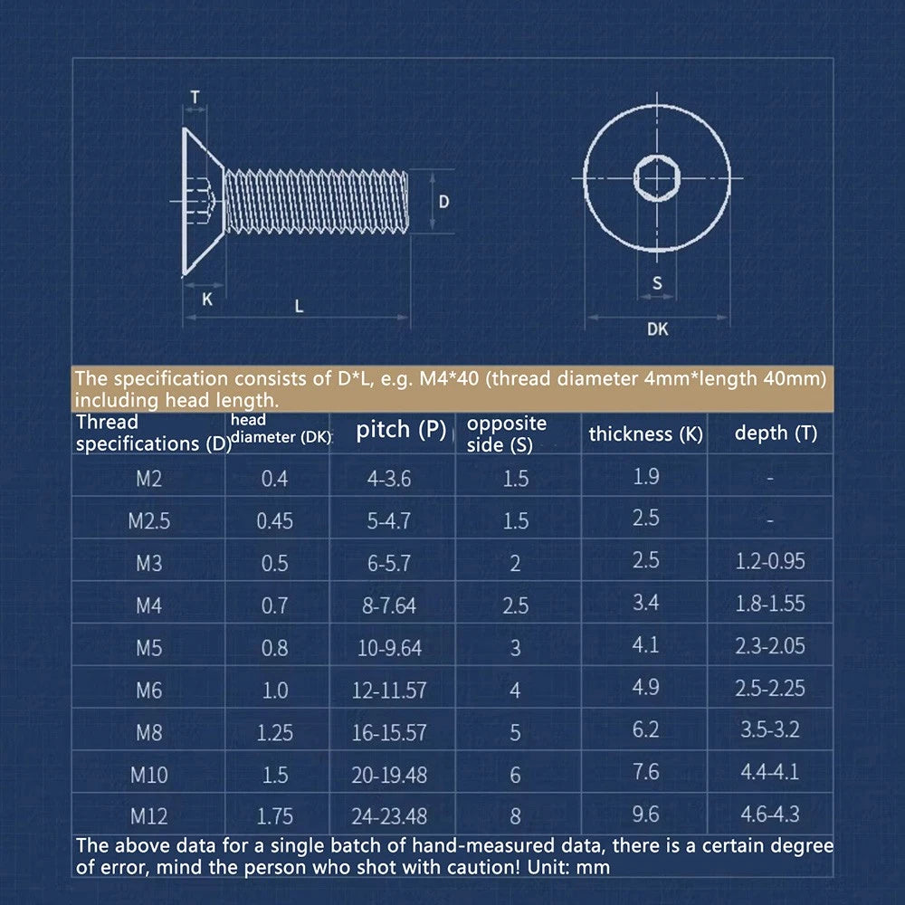 Grade 10.9 Alloy Steel Countersunk Socket Head Screws — M1.6 to M4, 10–500 Pcs