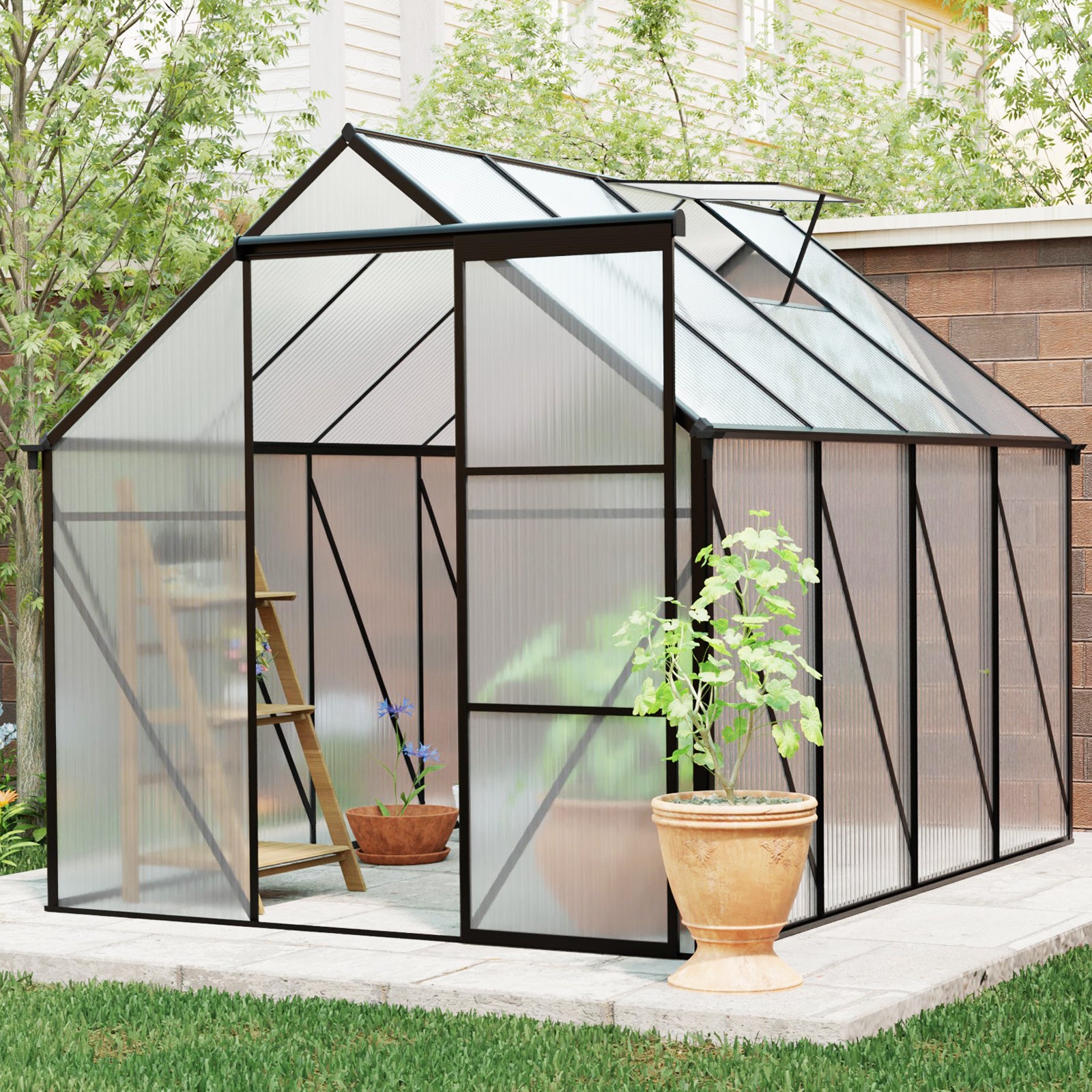 6x8 FT Polycarbonate Greenhouse Raised Base and Anchor Aluminum Heavy Duty Walk-in Greenhouses for Outdoor Backyard in All Season