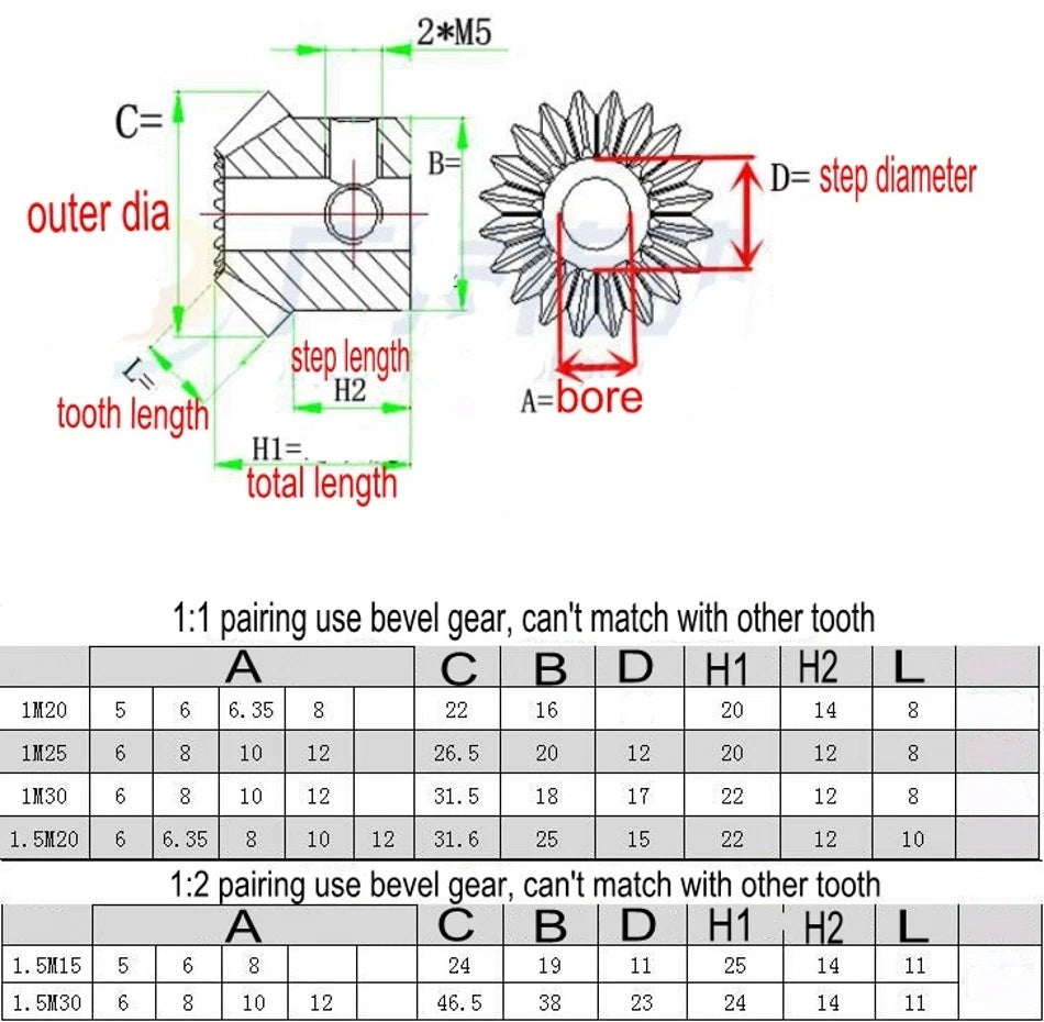 Motor Bevel Gear 1.0 Mod 20 Tooth 90° Pairing Bore 5/6/6.35/8mm Bevel Gear x1Pcs