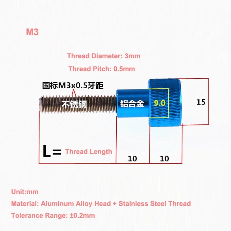 M3 Aluminum Handle Knurled Thumb Screws with Stainless Steel Shank — 10 Colors, 4 Lengths - HomeDIYer
