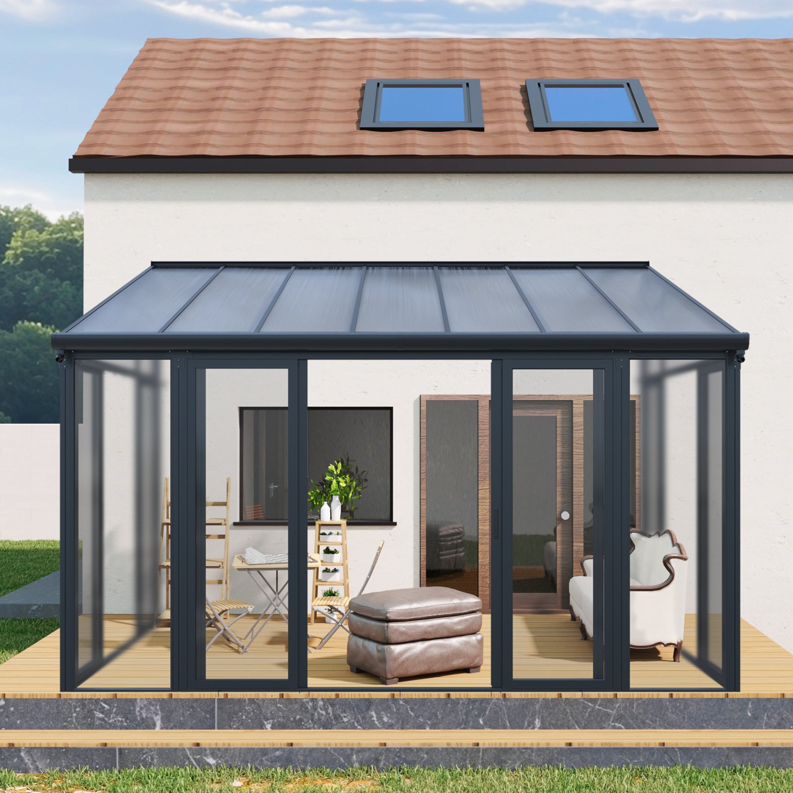 10×14 ft Enclosed Patio Cover with 3 Lockable Sliding Doors, All Season Sunroom with aluminum alloy frame ,Polycarbonate Roof and transparent solid PC endurance panel wall system for Garden Patio Deck