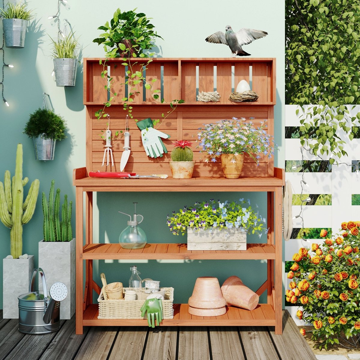 65" Large Wooden Farmhouse Rustic Outdoor Potting Bench Table, Patio Workstation, Garden Potting Bench with 4 Storage Shelves and Side Hook,Natural - HomeDIYer