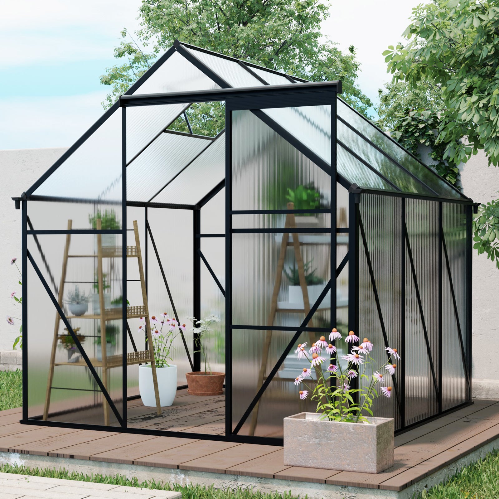6X6FT-BLACK Polycarbonate Greenhouse Raised Base and Anchor Aluminum Heavy Duty Walk-in Greenhouses for Outdoor Backyard in All Season