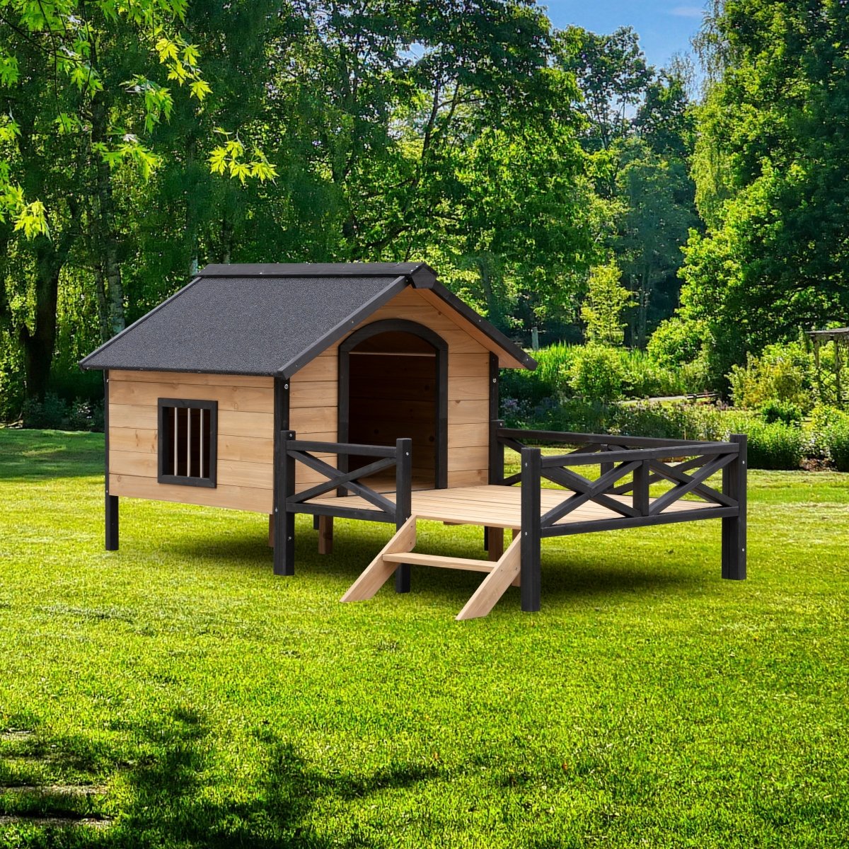 Outdoor Large Wooden Cabin House Style Wooden Dog Kennel with Porch - HomeDIYer