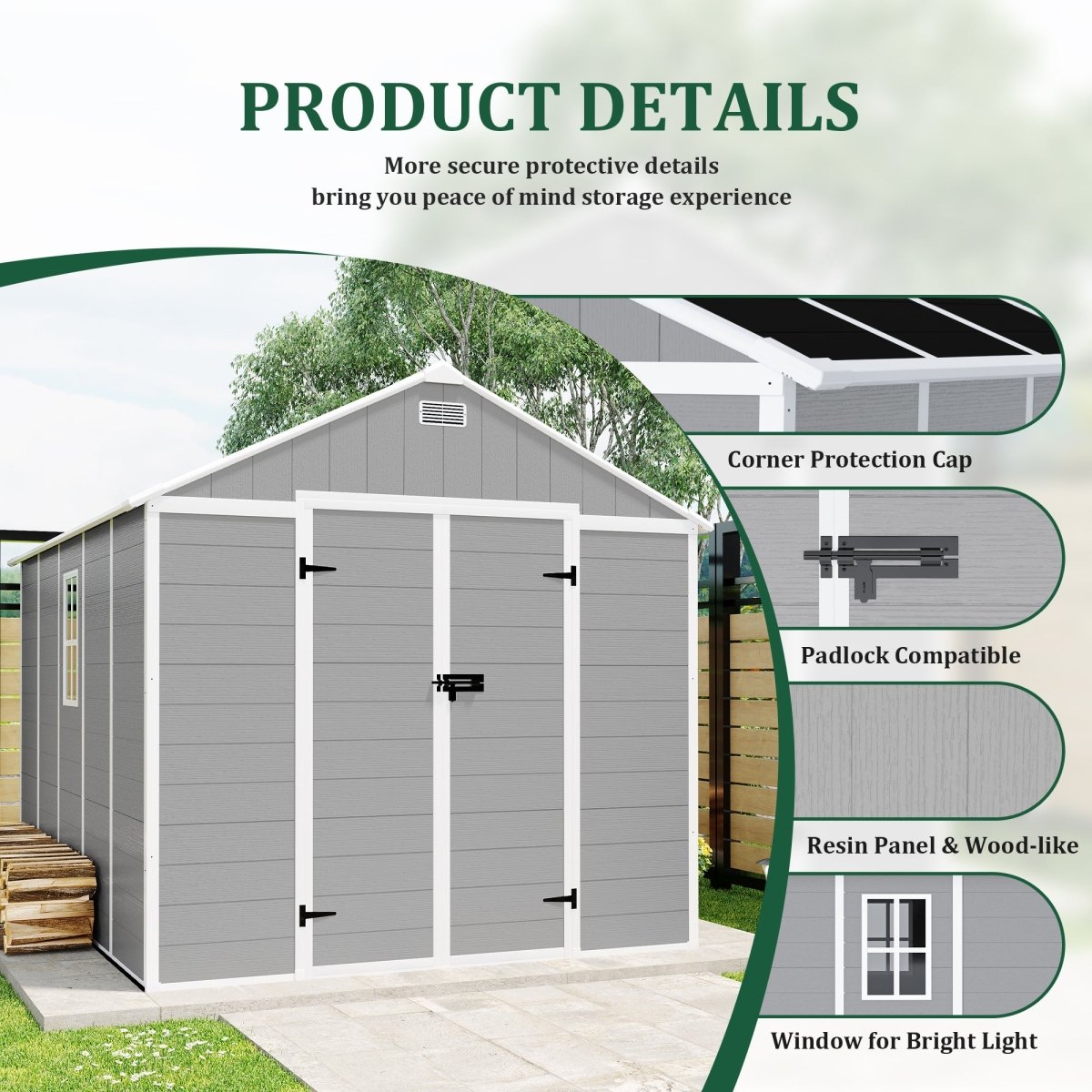 8x8 ft Resin Storage Shed, High Quality Pp Material, Strong Structure, Waterproof, Rust And Uv Proof, Large Storage Space, 12mm Thick Pp Board, Hd Window Lighting - HomeDIYer
