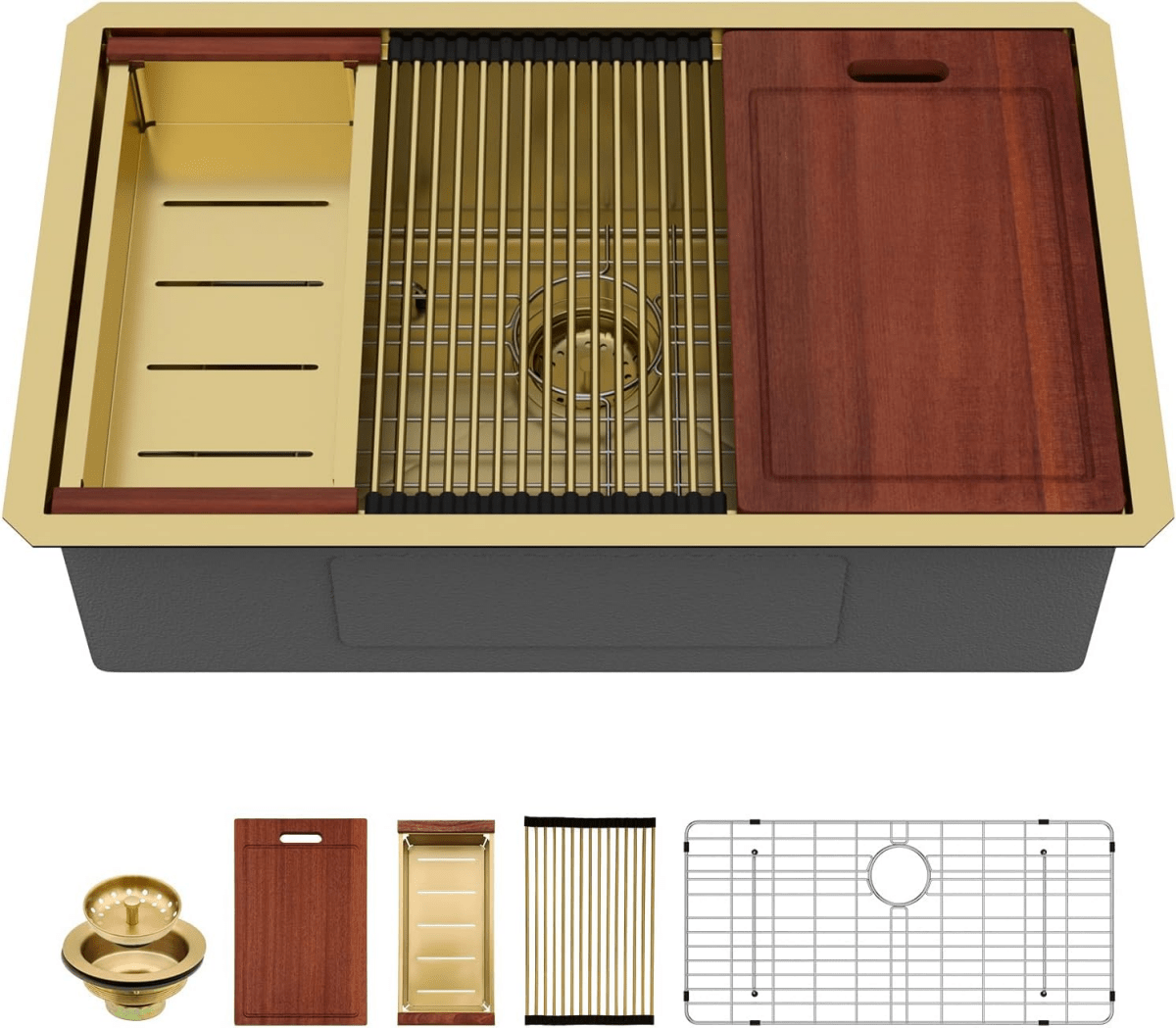 32 Gold Undermount Workstation Kitchen Sink - 32 x 19 Inch 16 Gauge Stainless Steel Undermount Kitchen Sink Handmade R10 Radius 10 Inch Deep Undermount Single Bowl Sink with Custom Accessories - HomeDIYer