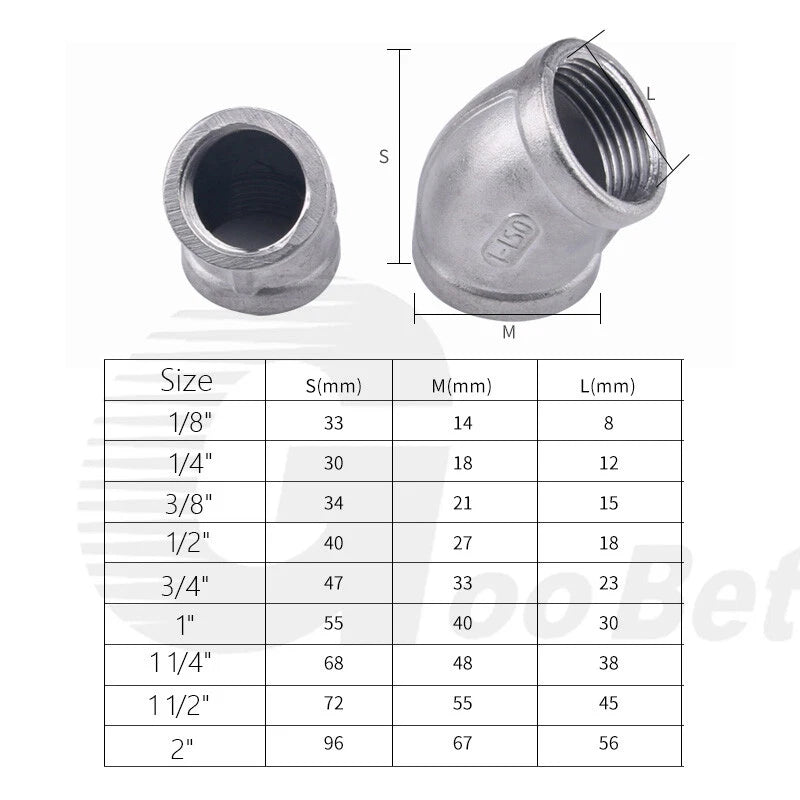 Stainless Steel 45° Elbow BSP Female Threaded Pipe Fitting — 304 SS, 1/8" to 2" (DN6–DN50)