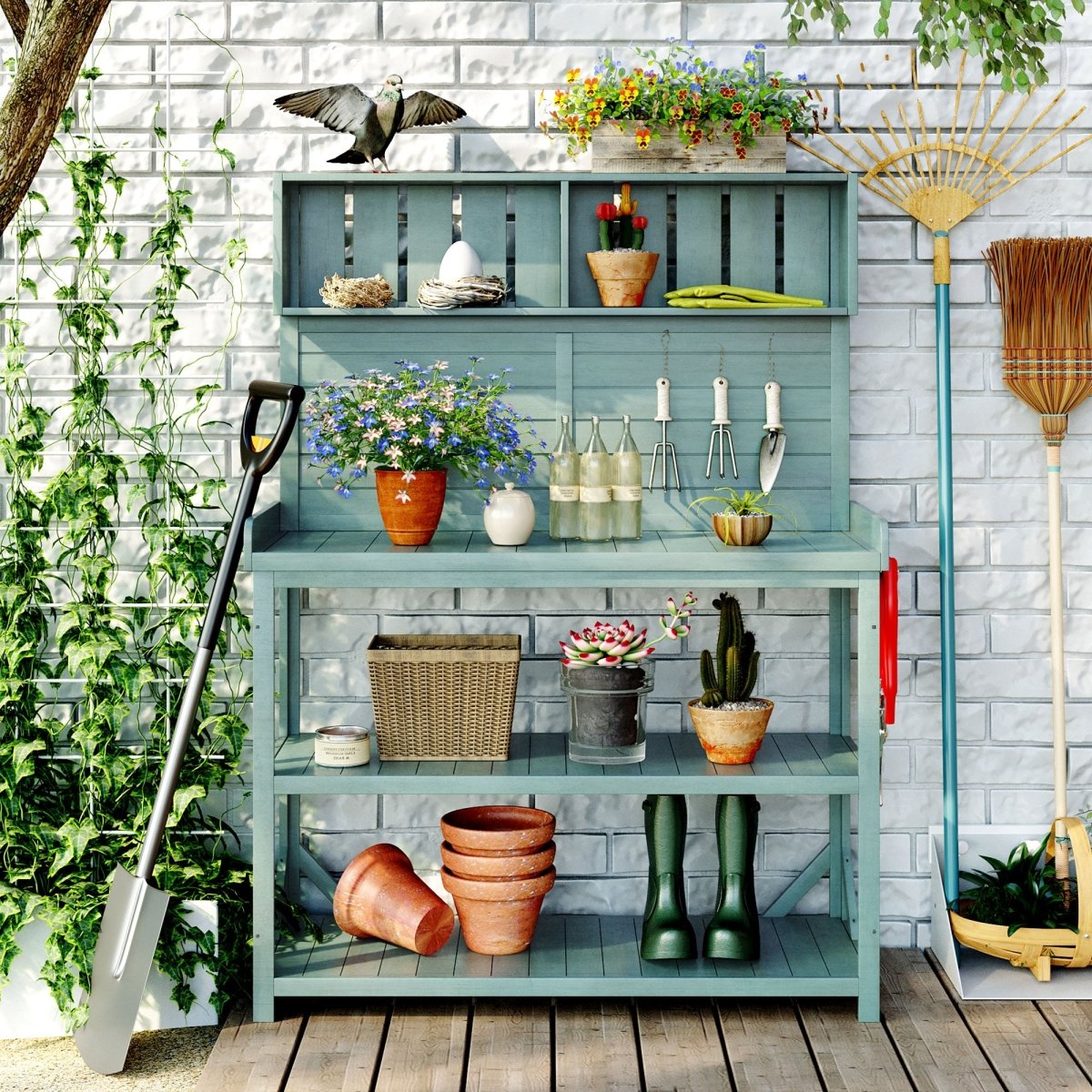 65" Large Wooden Farmhouse Rustic Outdoor Potting Bench Table, Patio Workstation, Garden Potting Bench with 4 Storage Shelves and Side Hook,Green - HomeDIYer