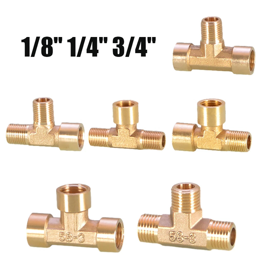 Brass BSP Tee Fitting 1/8" 1/4" 3/8" — Male Female Thread Pipe Connector