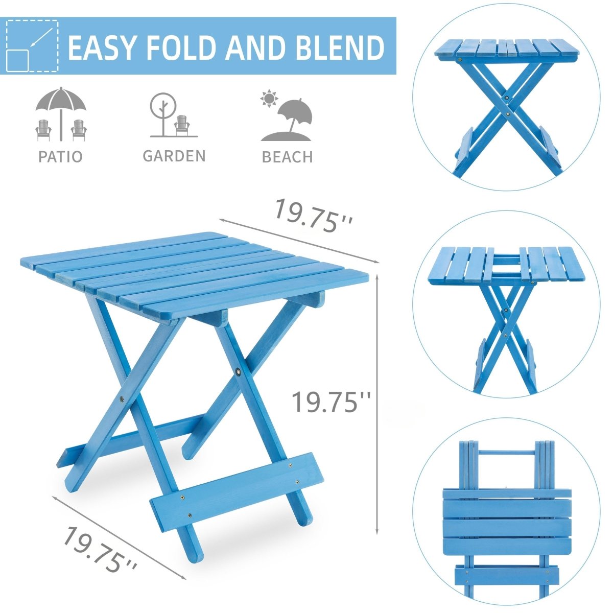 Folding Square Table Patio Outdoor solid wood Table for Backyard, Balcony, Portable Design Space - Saving Blue Color - HomeDIYer