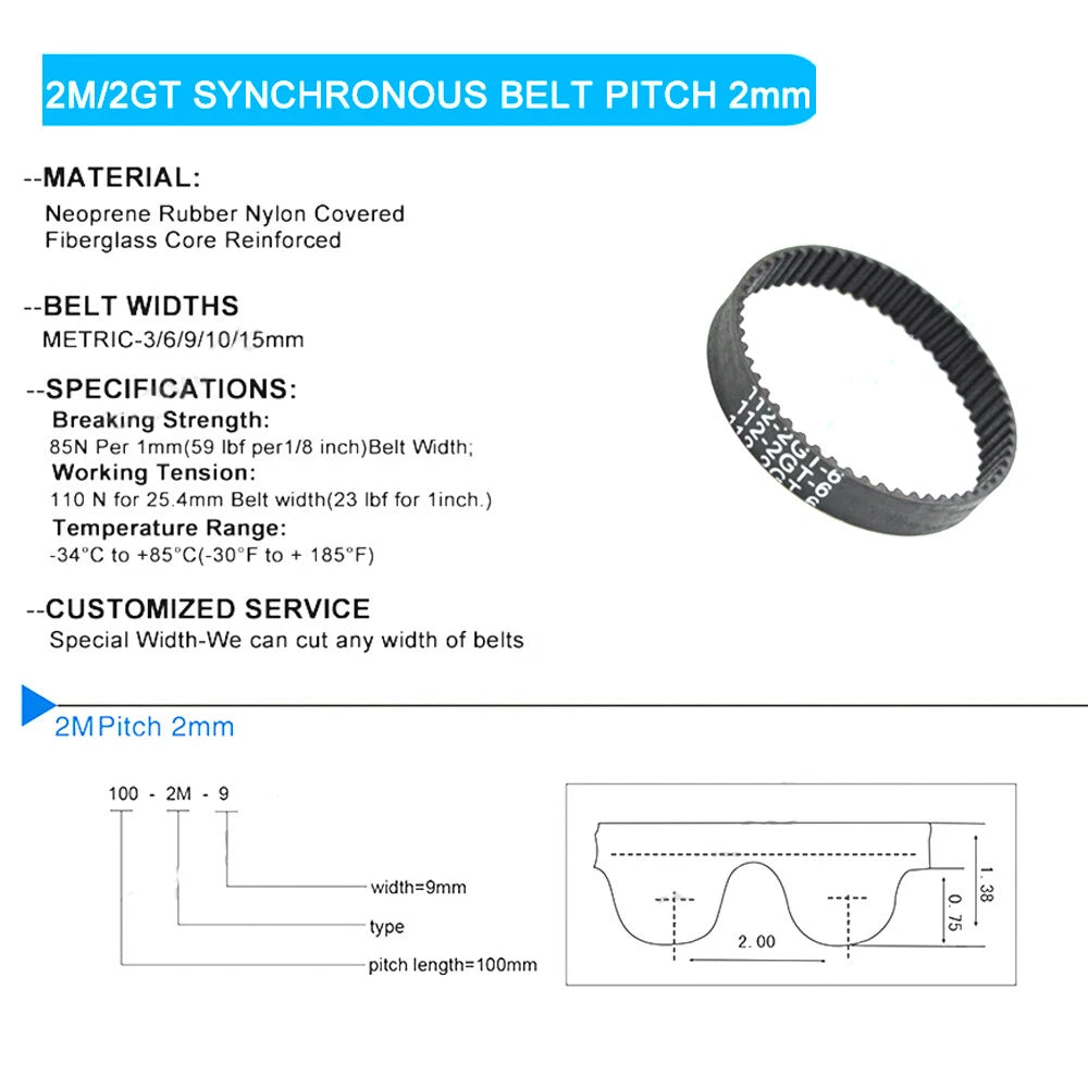 GT2 Closed Loop Timing Belt – 6mm Width, 2mm Pitch, 88–3828mm