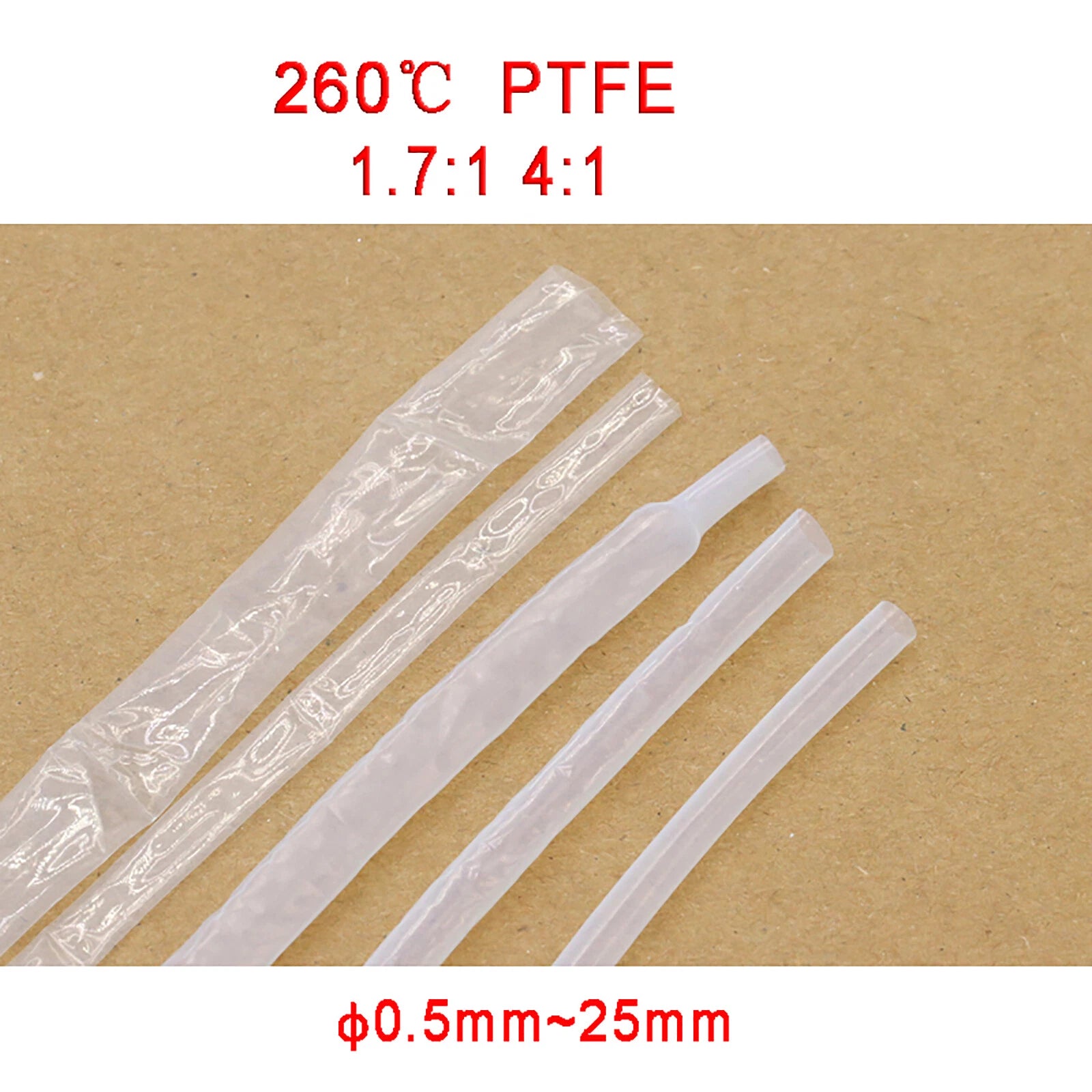 PTFE Heat Shrink Tubing — 1.7:1 & 4:1 Shrink Ratio, 300°C Rated, Oil Resistant