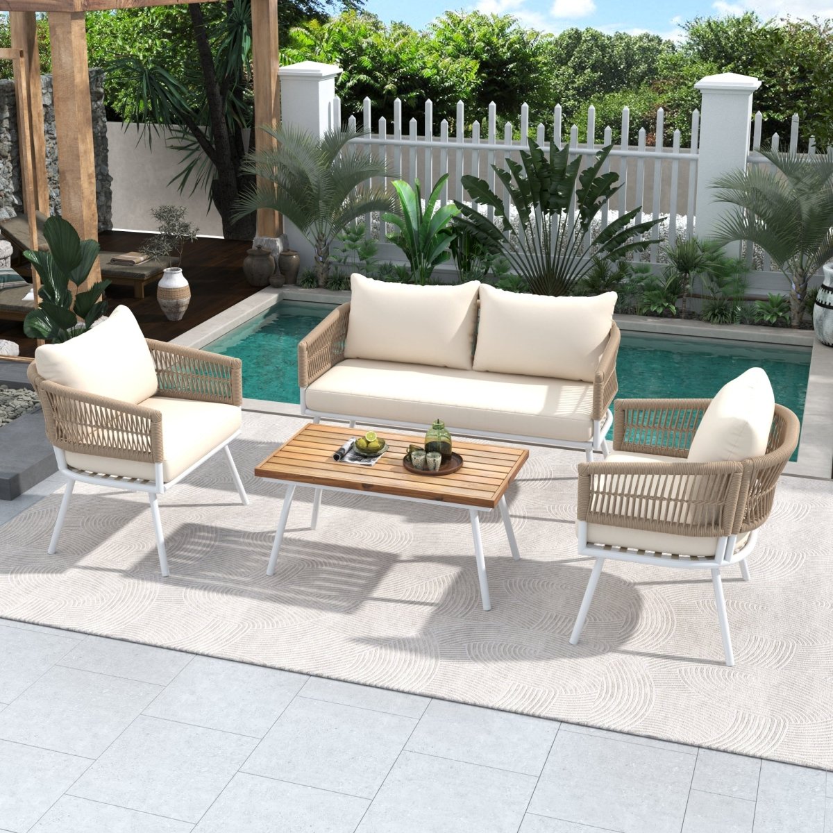 4 - Piece Boho Rope Patio Furniture Set, Outdoor Furniture with Acacia Wood Table, Patio Conversation Set with Deep Seating & Thick Cushion for Backyard Porch Balcony, Beige - HomeDIYer