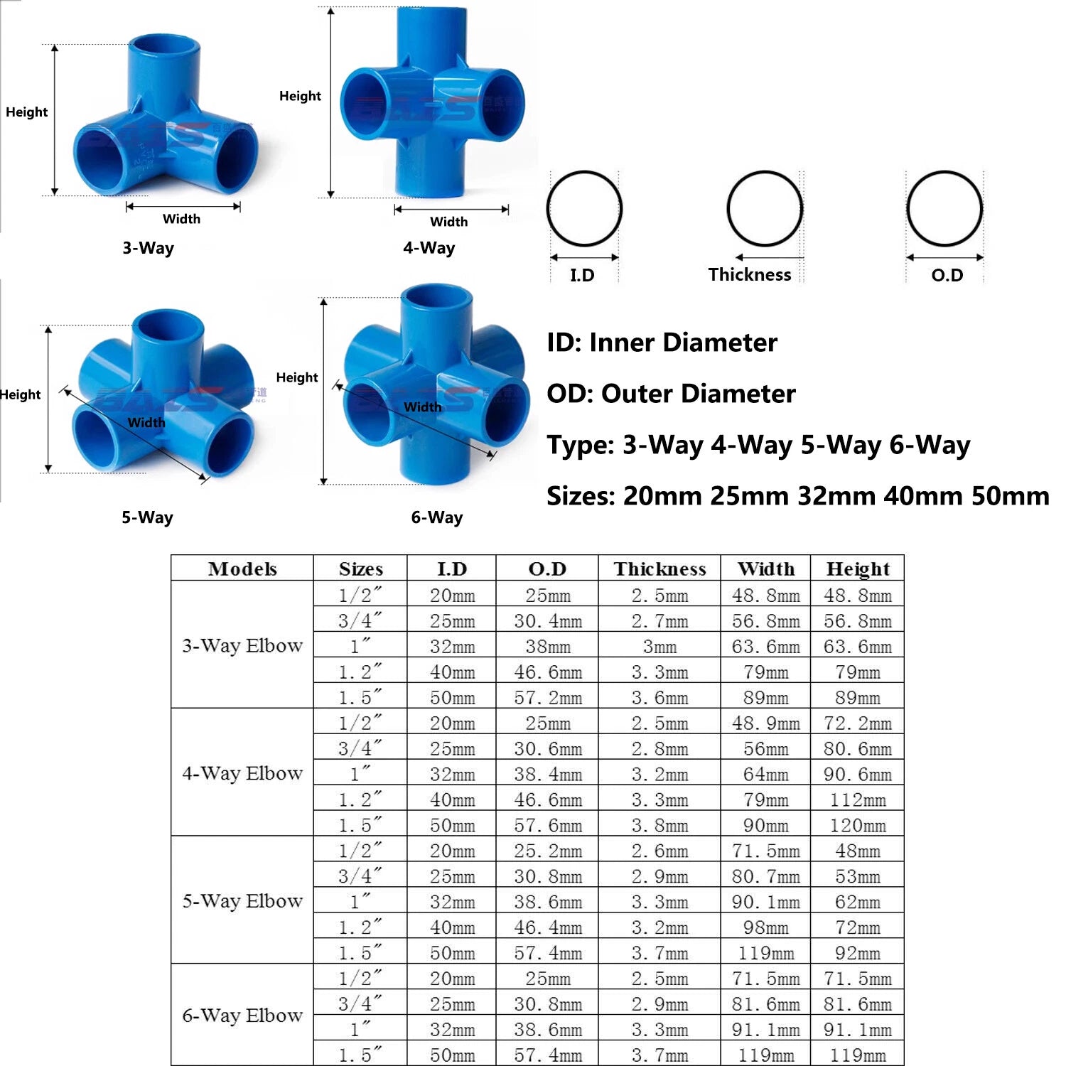 PVC 3 4 5 6-Way Elbow Connector Coupling Pipe Fittings Dia 20 25 32 40 50mm Blue