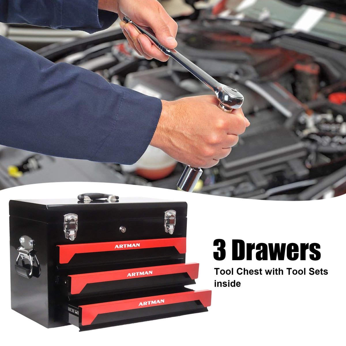 20'' Portable 3 - Drawer Steel Toolbox, 4 Layers of Tools with Metal Latches, with Top Storage Tray and carrying Handle, Multi - Function Tool Storage for Garage, Home, or Workbench ,Black&Red - HomeDIYer