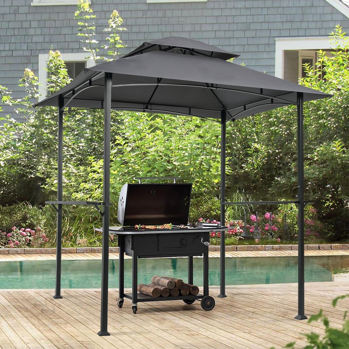 Outdoor Grill Gazebo 8 x 5 Ft, Shelter Tent, Double Tier Soft Top Canopy and Steel Frame with hook and Bar Counters - HomeDIYer