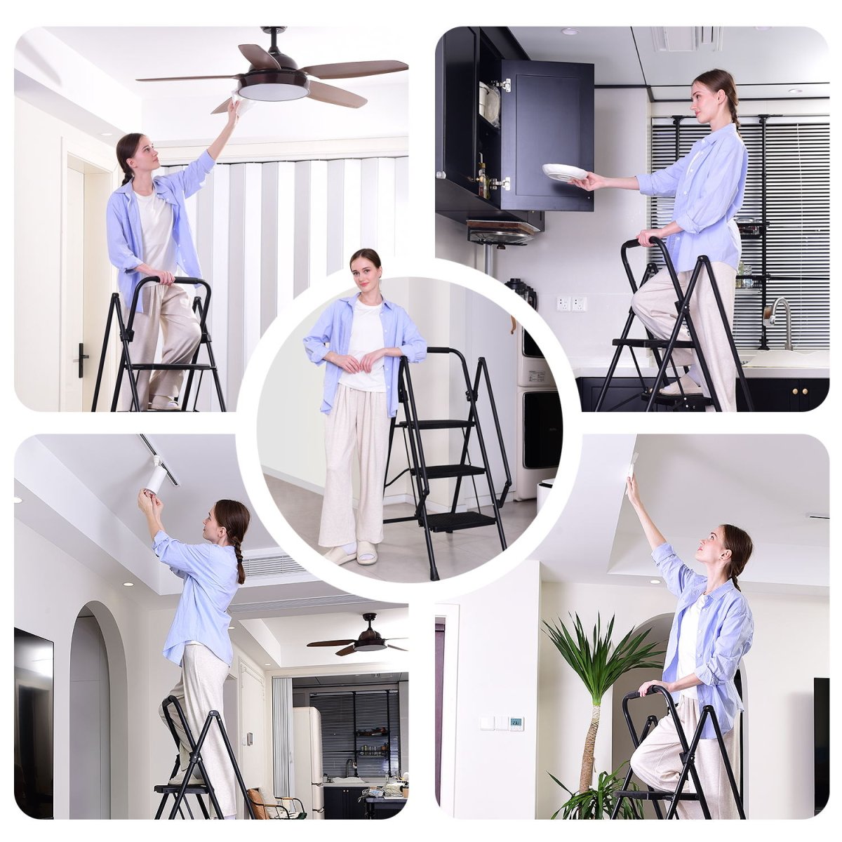 5 - step ladder, folding ladder stool, with anti slip wide pedals, steel ladder, with safety anti slip handle, lightweight 300 pound portable steel ladder stool in black - HomeDIYer