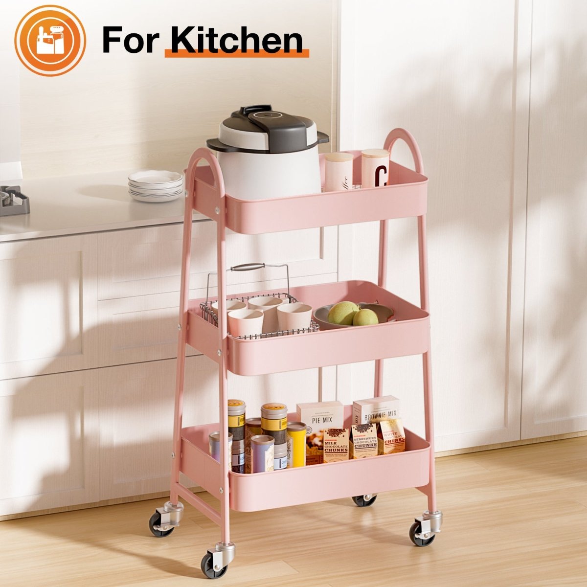 Pink 3 Tier Small Rolling Cart, Metal Utility Storage Organizer Kitchen Trolley Bathroom Laundry Room Bar Office Shelves - HomeDIYer