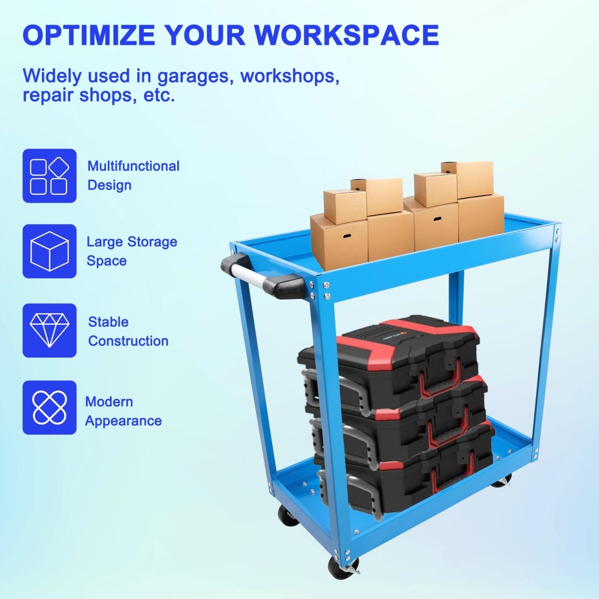 Tool Cart on Wheels, Heavy Duty Steel Utility Cart w/Lockable Wheels, 400 LBS Capacity Industrial Service Cart for Garage, Warehouse, Workshop (Two - layer Bright Blue) - HomeDIYer
