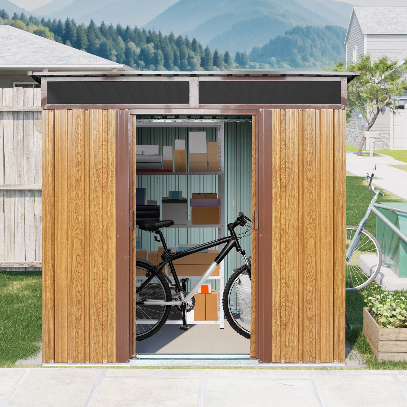 6ft x 5ft Outdoor Metal Storage with Transparent plate and Foundation for Backyard Garden Patio --Coffee