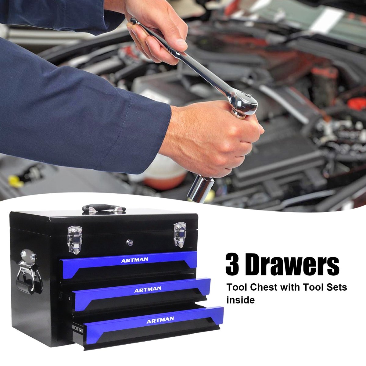 20'' Portable 3 - Drawer Steel Toolbox, 4 Layers of Tools with Metal Latches, with Top Storage Tray and carrying Handle, Multi - Function Tool Storage for Garage, Home, or Workbench ,Black&Blue - HomeDIYer