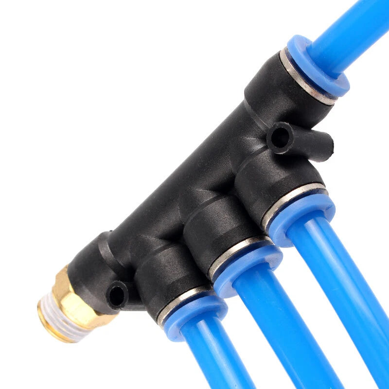 Pneumatic Push-In Hose Fittings — 5-Way Connectors, 4mm–10mm Hose to 1/8" 1/4" 3/8" Thread