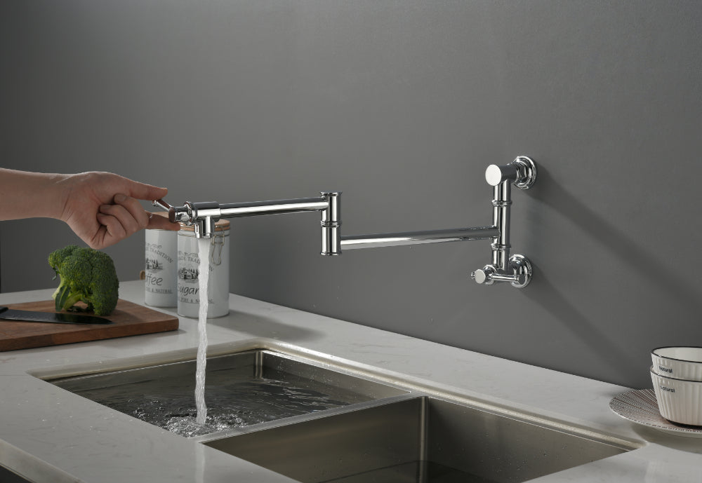 Wall Mounted Pot Filler Faucet – Chrome, Two-Attachment Folding Swing Arm, Dual Handle, Solid Brass