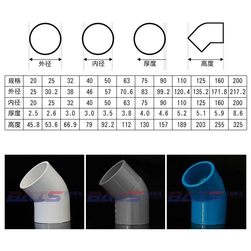 PVC Pipe Fittings 45° Elbow Socket ID 16mm - 200mm Solvent Weld White Blue Grey