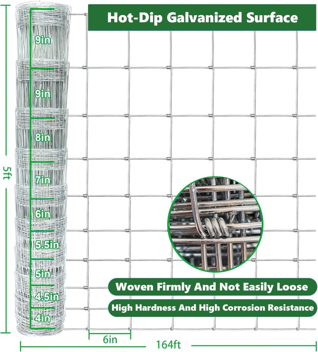 Farm Fence 5ft x 164ft 14Gauge Heavy Zinc Coating Cattle Fence,Galvanized Field Wire Fencing Deer Fence,Goat Fence,Hog Wire Fencing for Yard Livestock & Animals Protection - HomeDIYer