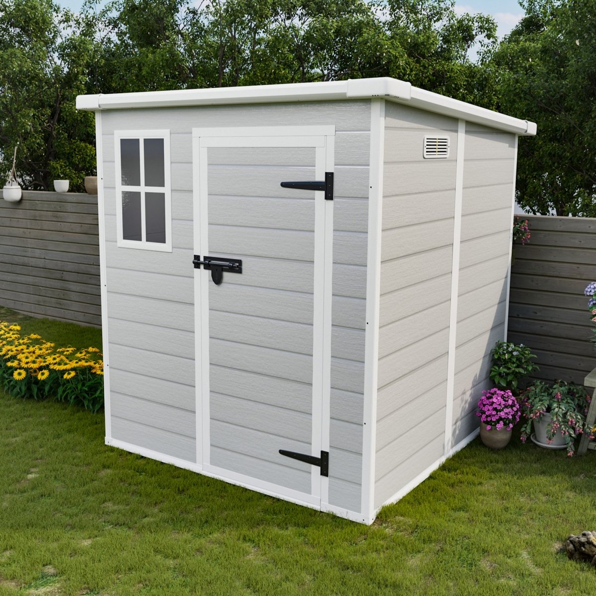 6x6 FT Storage Shed, Waterproof Resin Outdoor Storage Shed with Floor & Window & Lockable Doors and Vents, Tool Shed for Bike, Garden, Backyard,Lawn, All Weather Use, Light Grey - HomeDIYer