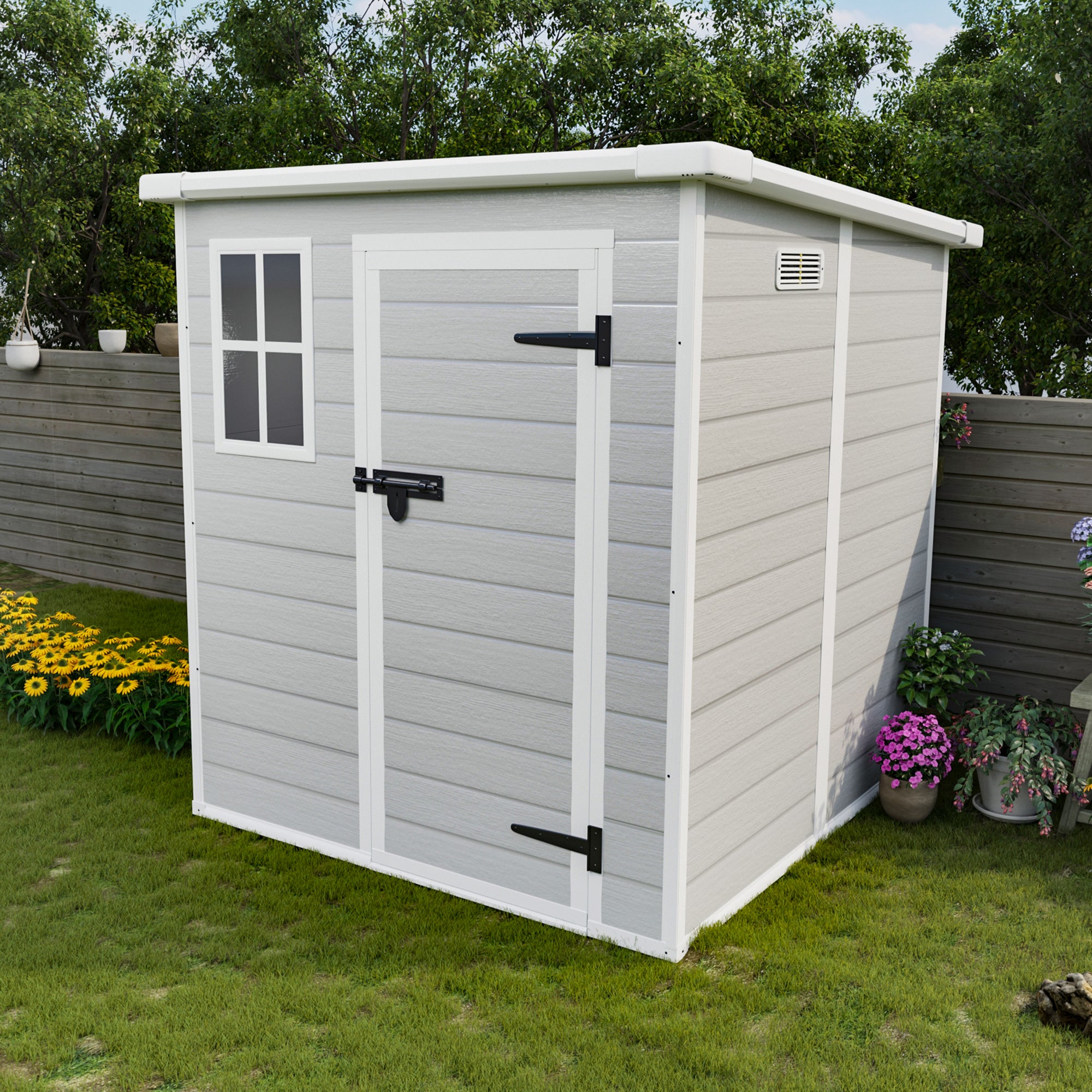 6x6 FT Storage Shed, Waterproof Resin Outdoor Storage Shed with Floor & Window & Lockable Doors and Vents, Tool Shed for Bike, Garden, Backyard,Lawn, All Weather Use, Light Grey