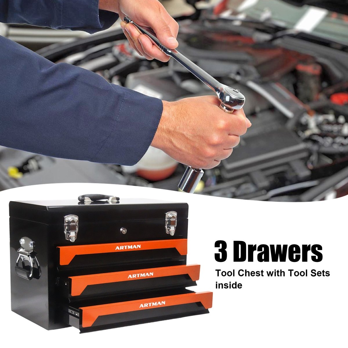 20'' Portable 3 - Drawer Steel Toolbox, 4 Layers of Tools with Metal Latches, with Top Storage Tray and carrying Handle, Multi - Function Tool Storage for Garage, Home, or Workbench ,Black&Orange - HomeDIYer