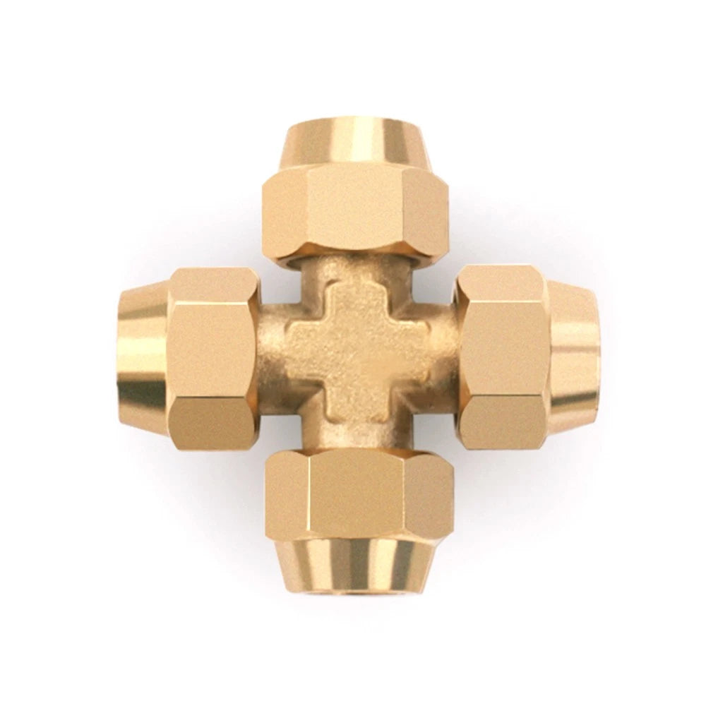 Brass Compression Cross Fitting 4-Way Flared Connector — 6mm & 8mm