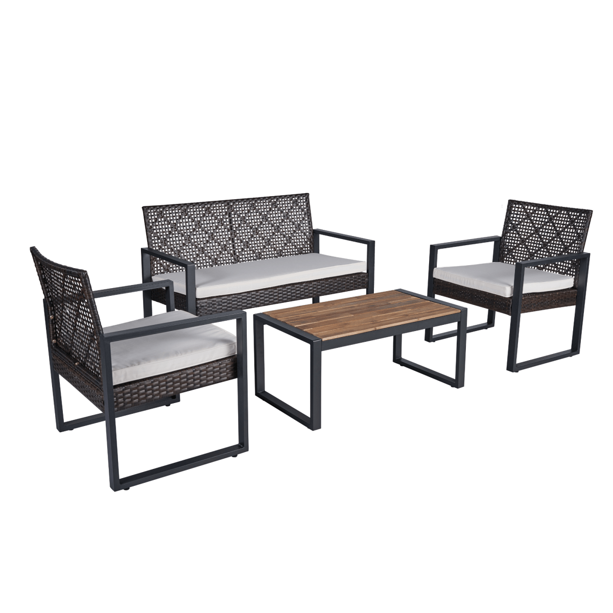 4 - Piece Patio Furniture Set Outdoor Balcony Porch Garden Backyard Lawn Furniture Acacia Wood Table Top, Morden Brown and Beige Cushion - HomeDIYer