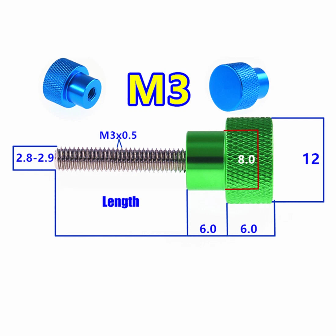 M3 Knurled Thumb Screws – Aluminum Alloy, 10 Colors, L=4mm–80mm