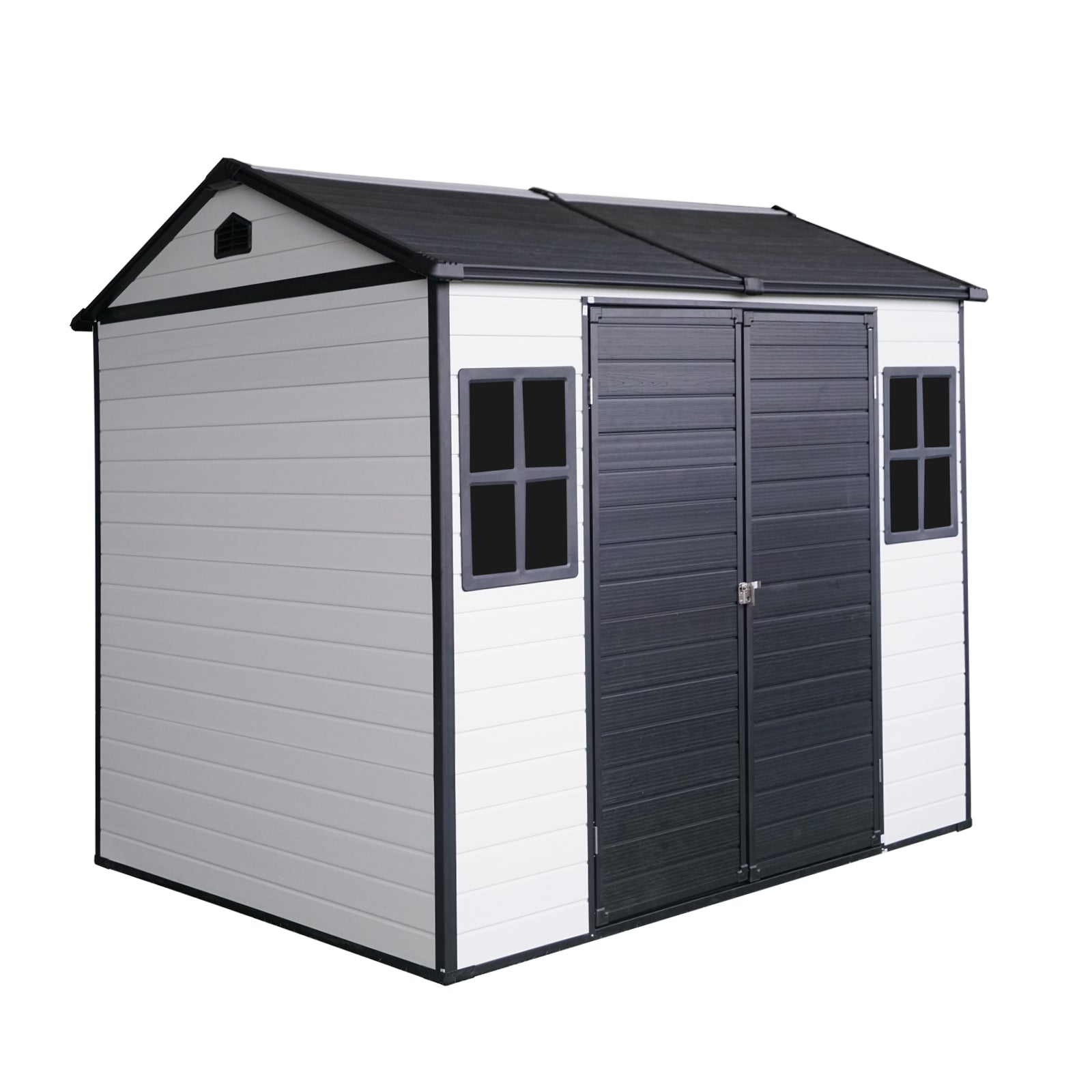 8 x 6 ft Resin Outdoor Storage Shed Waterproof Shed with Floor & Two Windows & Lockable Door, Tool Shed for Garden, Patio, Backyard,Grey White