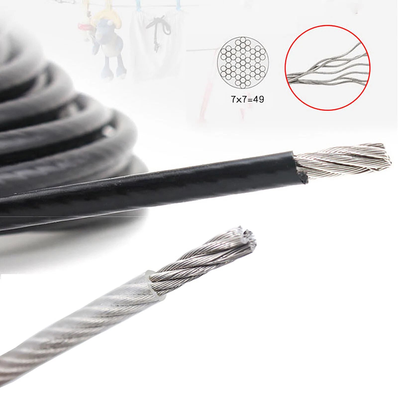 Stainless Steel Wire Rope Lifting Metal Cable Clear Black PVC Coated Φ0.6mm-5mm