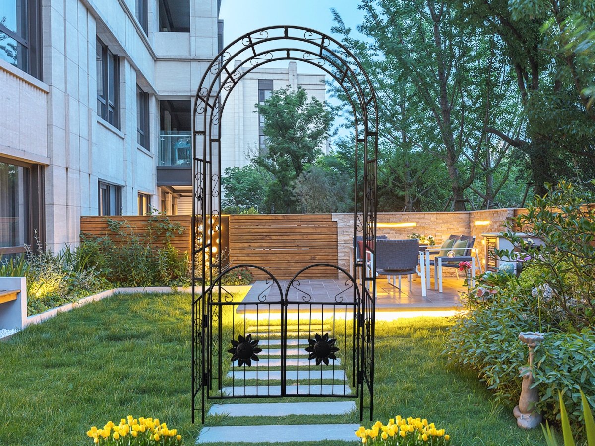 Metal Garden Arch with doors Garden Arbor Trellis Climbing Plants Support Arch Outdoor Arch Wedding Arch Party Events Archway Black - HomeDIYer